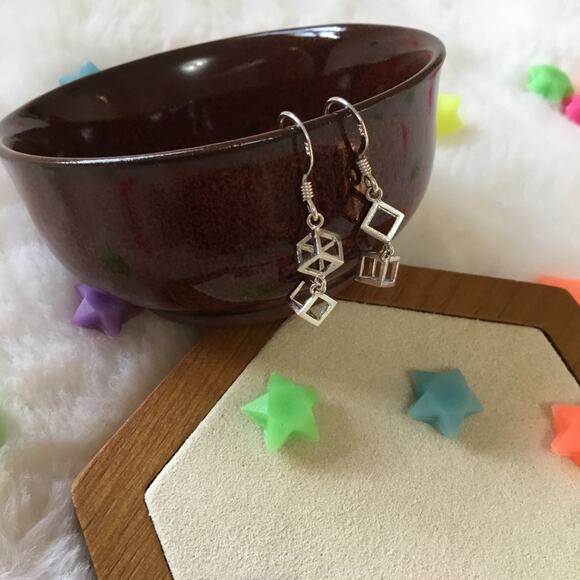 Silver Classic Mini Cube Drop Earrings - Picture 5 of 6